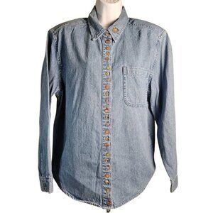 Christopher & Banks XL Denim Shirt Embroidered Cottage Farm Buttons Blue